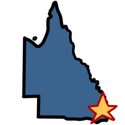 a dull blue shape of the Australian state of Queensland, with a golden star in the bottom-right corner, the location of the state capital of Meanjin/Brisbane.